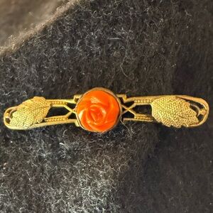Vintage Gold Brooch with Orange Rose
